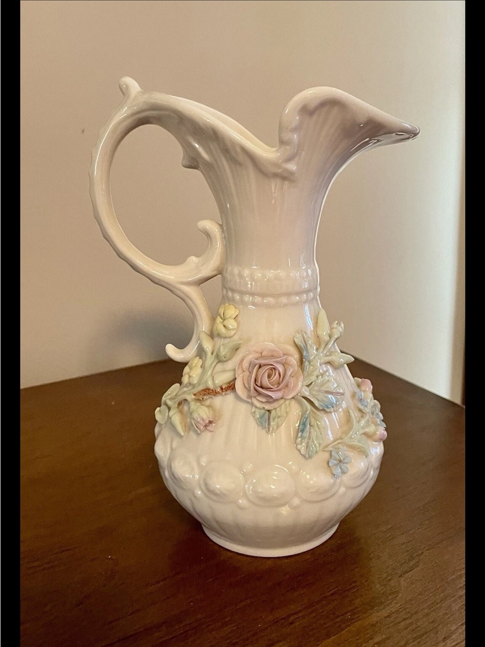 BELLEEK Porcelain Floral Pitcher Vase - White with Pastel Roses